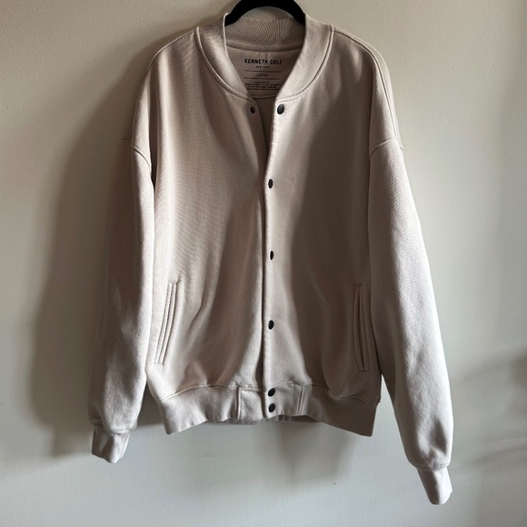 Kenneth Cole Bomber Varsity Jacket Cream Cotton Blend Snap Front Large Coat Fall - Picture 1 of 6